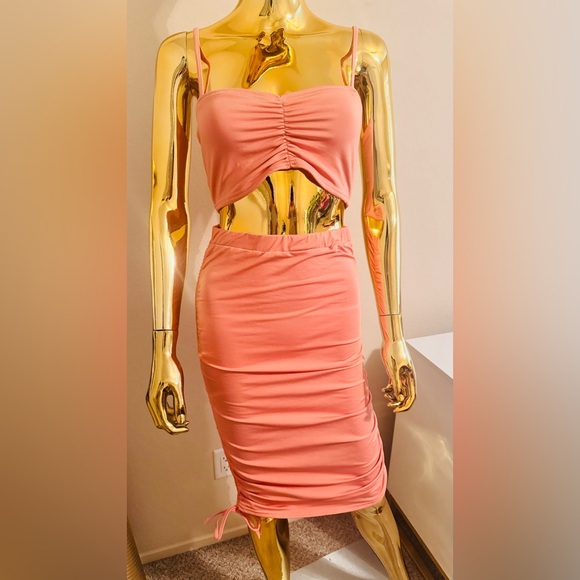 Pink 2 Piece Adjustable Ruched Midi Skirt Set, Crop Top, Preloved, Size Large - Picture 8 of 16